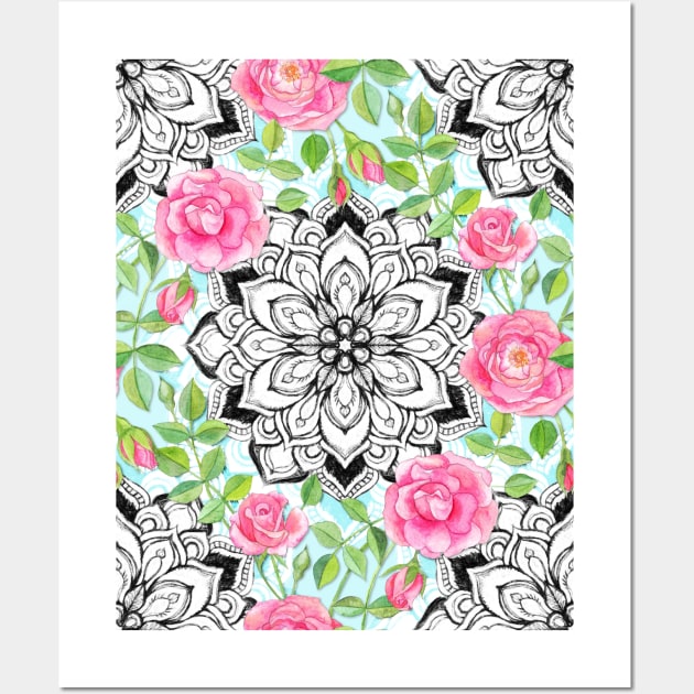 Pink Roses and Mandalas on Sky Blue Lace Wall Art by micklyn